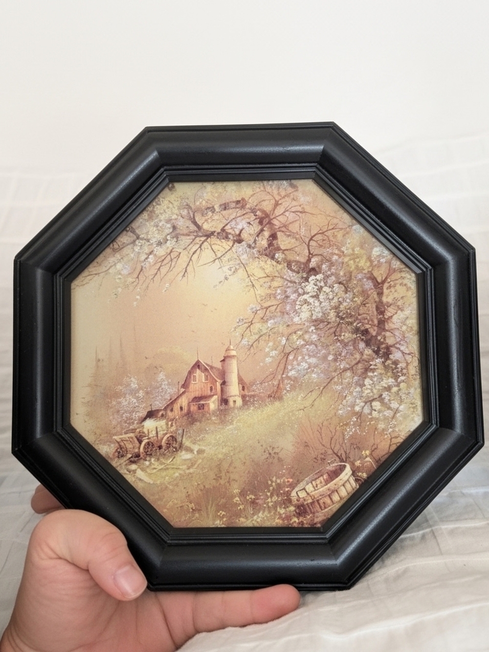 Framed Octagonal Vintage Cottage Landscape Art - Black Frame